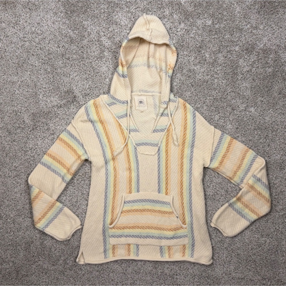 Rip Curl Daybreak Poncho Hoodie Baja Knit XS Cream Multi Stripe Beach Surf
